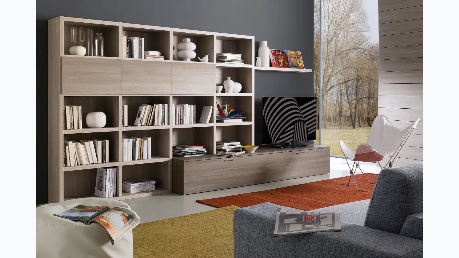 Spot Irma 05 equipped wall unit in light elm and brown finish by S75.