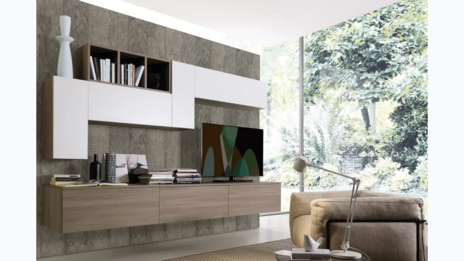 Suspended wall unit Spot Irma 07 in olmo brown and white finish by S75.