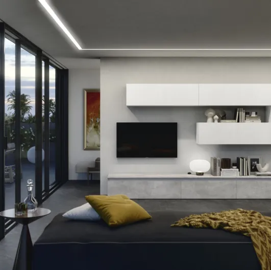 Fitted wall unit in grey and white melamine cement Supreme City 01 by S75.