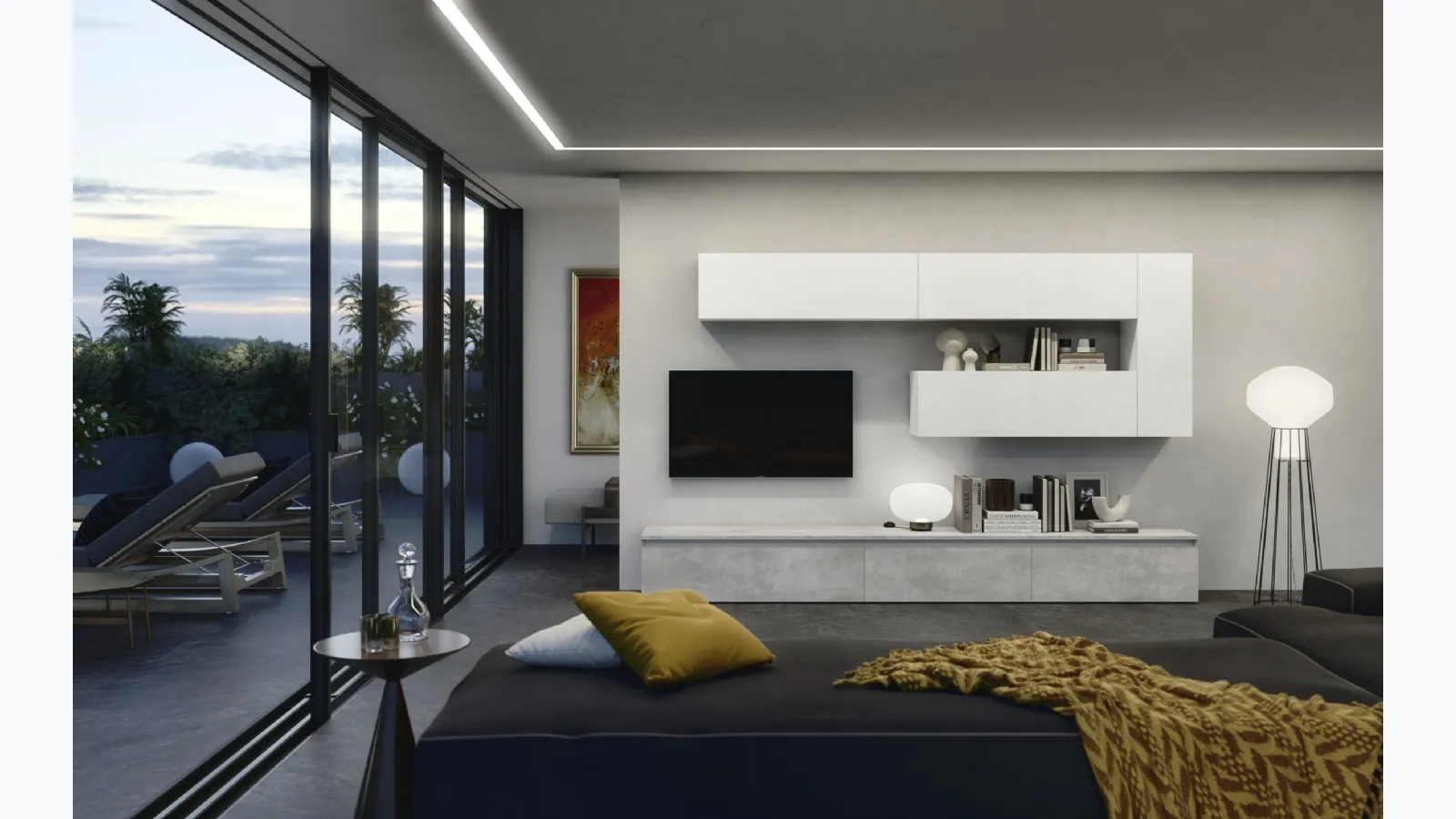 Fitted wall unit in grey and white melamine cement Supreme City 01 by S75.