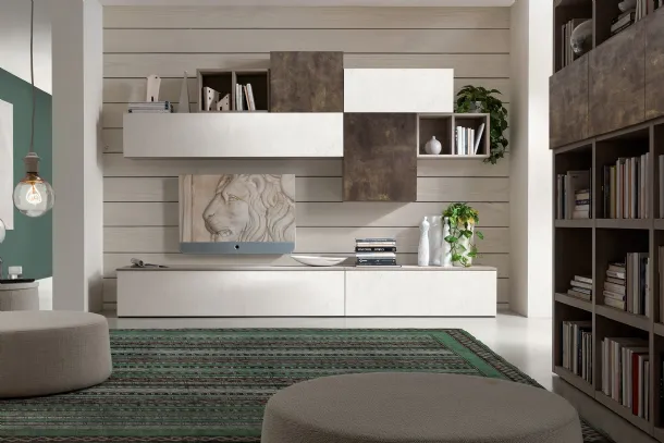 Equipped wall unit in white melamine cement and Vulcan Supreme City 03 by S75.