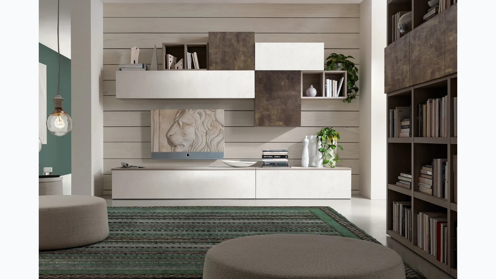 Equipped wall unit in white melamine cement and Vulcan Supreme City 03 by S75.