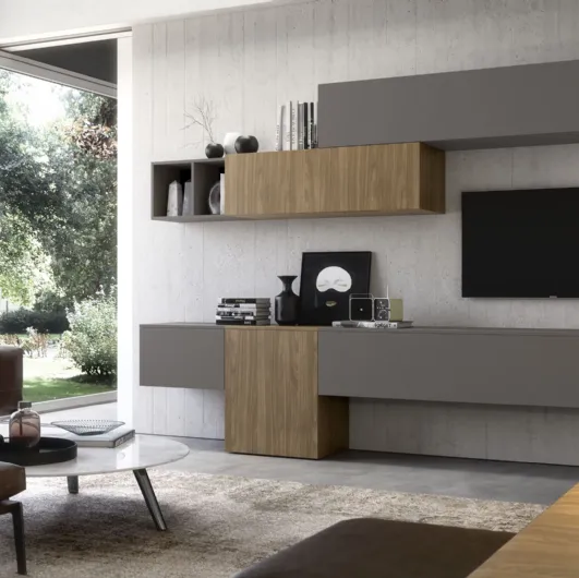Equipped wall unit in grey finish and Supreme Walnut Ingrid Noce 02 of S75.