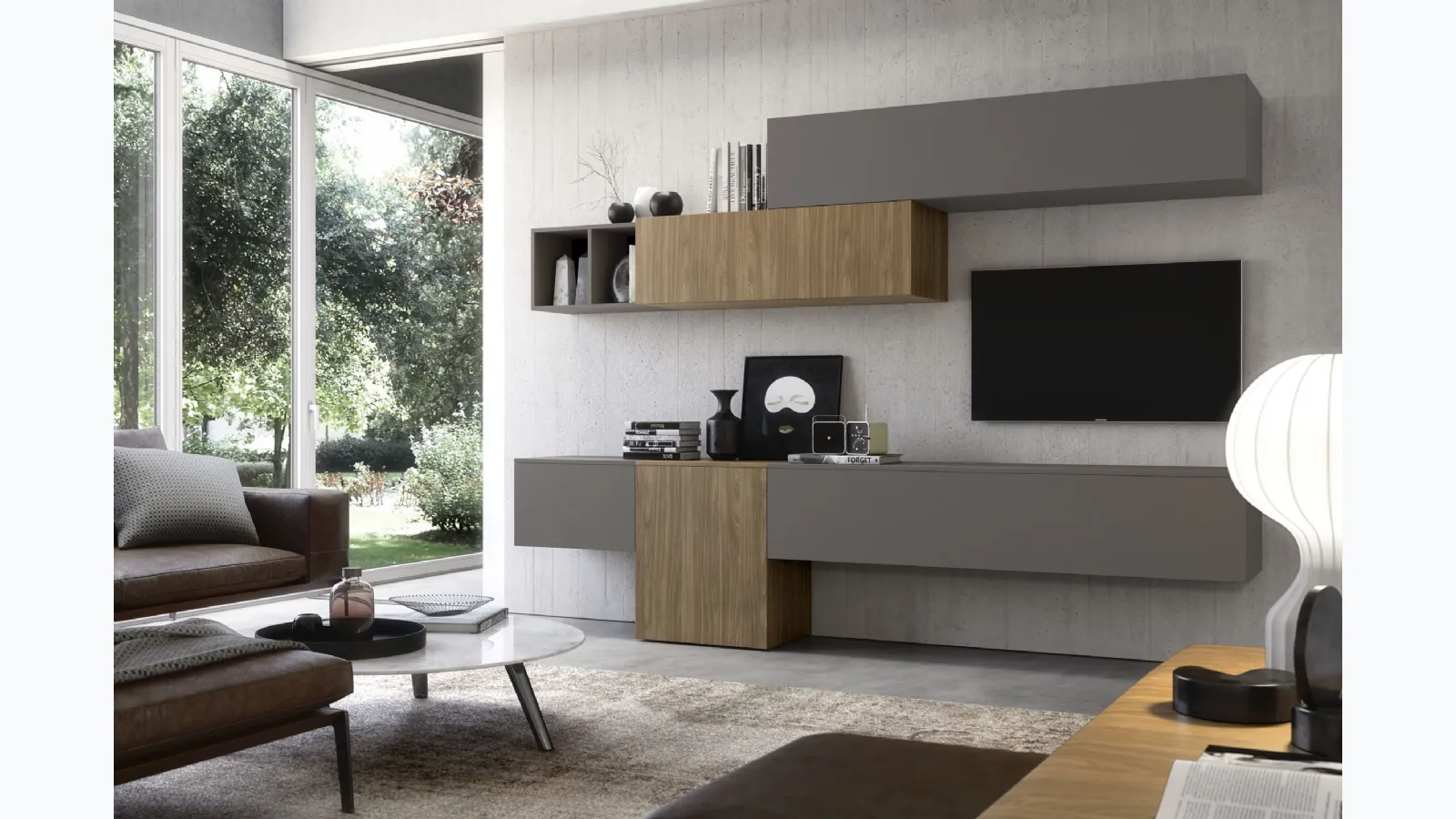 Equipped wall unit in grey finish and Supreme Walnut Ingrid Noce 02 of S75.