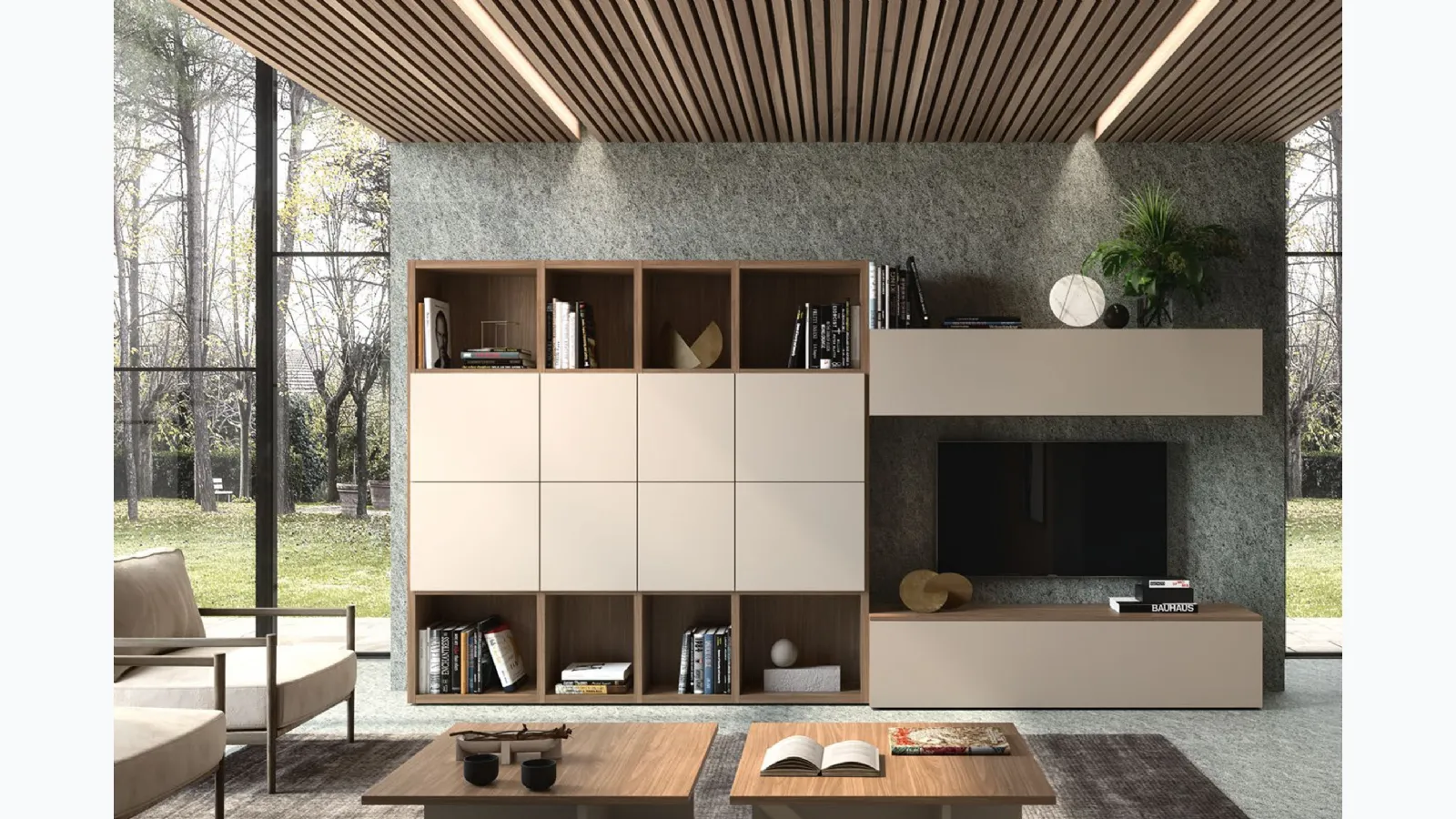 Wall unit in clay finish and Supreme walnut Ingrid Noce 04 of S75.