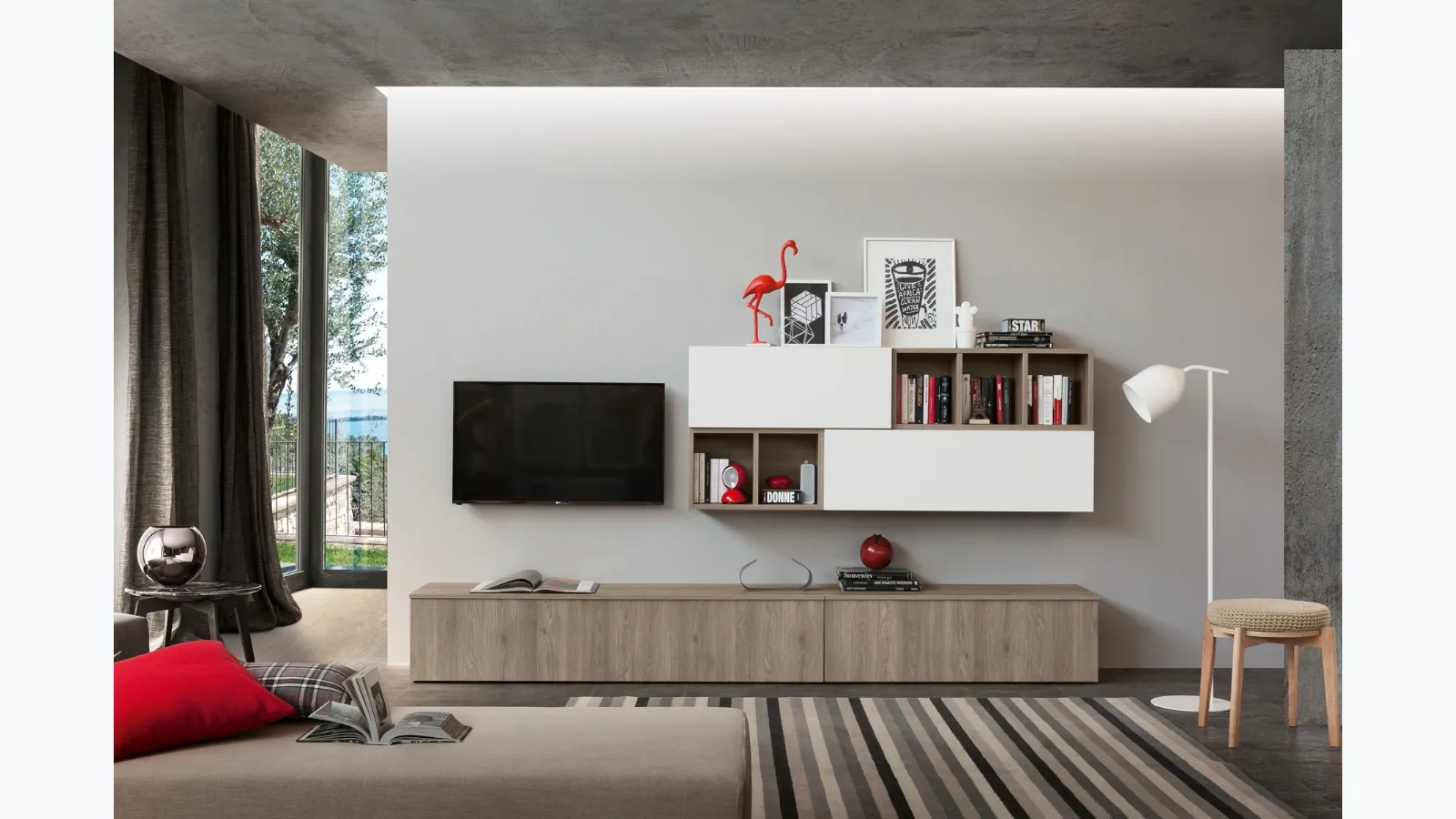 Equipped wall unit in flamed oak finish and white malè Supreme Ingrid Oak 01 by S75.