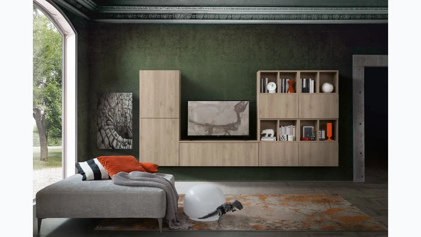 Suspended wall unit in flamed oak Supreme Ingrid Oak 02 by S75