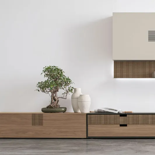 Equipped wall unit in CDF Amber Walnut TIME UNIT TI 103 by Tomasella.