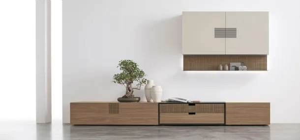 Equipped wall unit in CDF Amber Walnut TIME UNIT TI 103 by Tomasella.