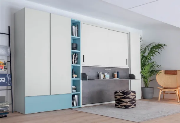 Single pull-out bed closed with integrated desk in matte lacquer Hiro wardrobe by Clever.