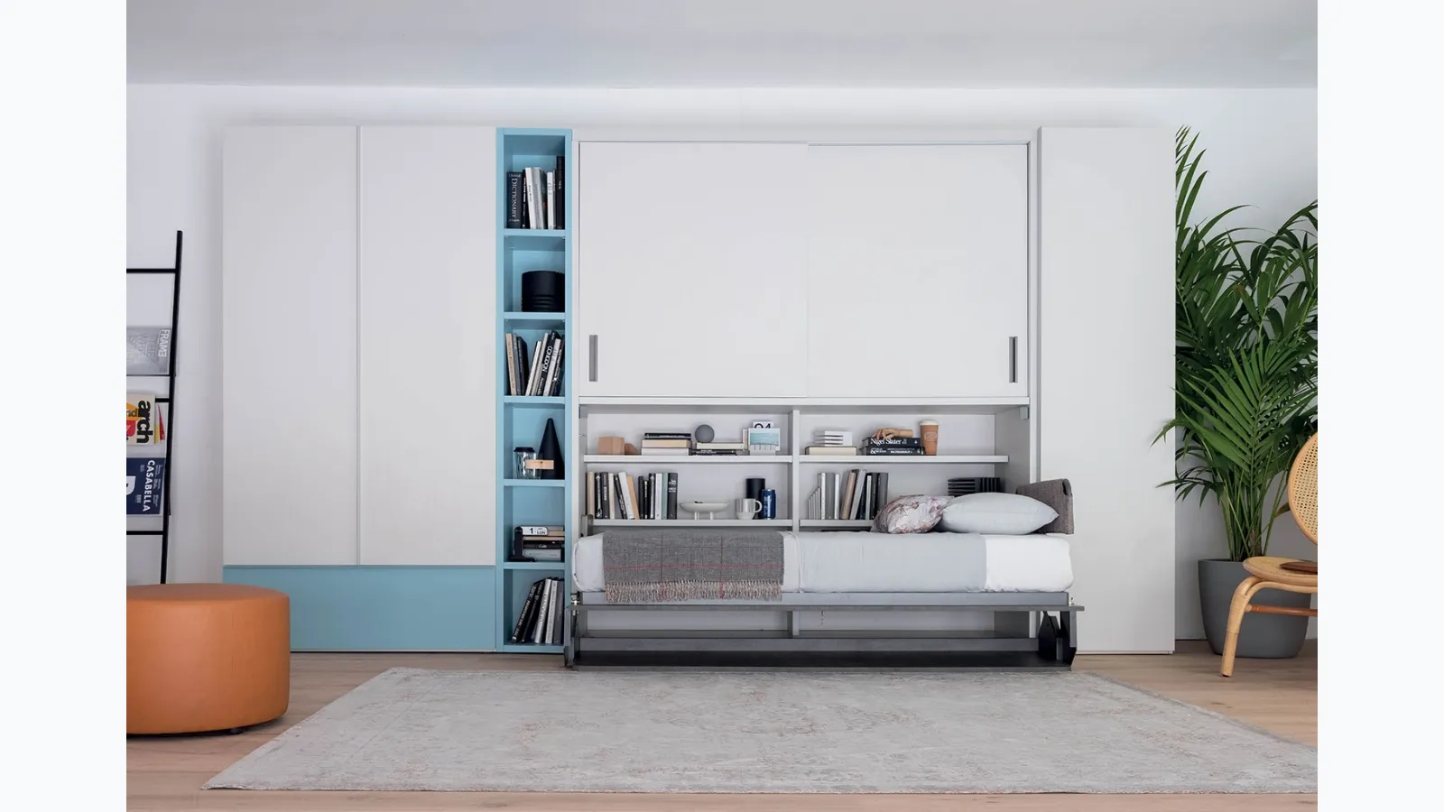 Single murphy bed open with integrated desk in matt lacquer Hiro Clever wardrobe.
