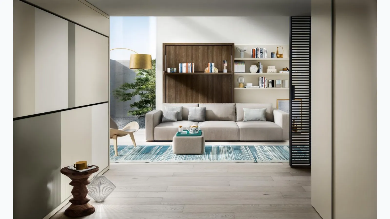 Convertible wall bed closed Living 08 with integrated linear sofa Swing by Clei.