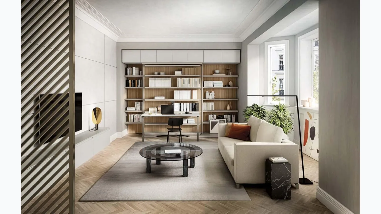 Wall bed closed Living 26 with bookcase and desk in matte lacquered and melamine finish by Clei