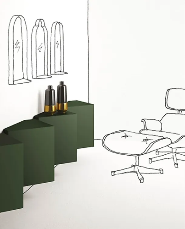 Suspended green lacquered Ang mobile by Minotti Italia.