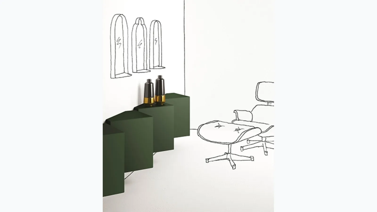 Suspended green lacquered Ang mobile by Minotti Italia.