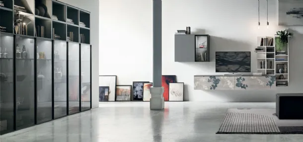 Suspended mobile Atlas UNIT AT139 in anthracite matte material with graphics by Tomasella.