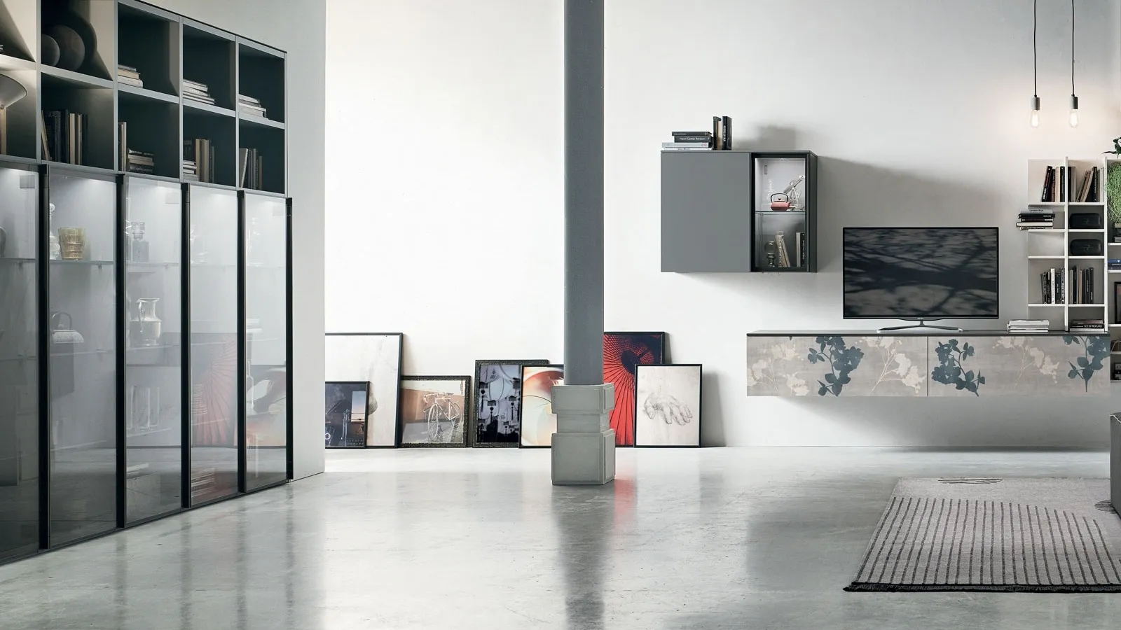 Suspended mobile Atlas UNIT AT139 in anthracite matte material with graphics by Tomasella.