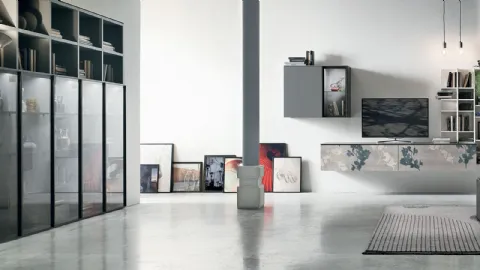 Suspended mobile Atlas UNIT AT139 in anthracite matte material with graphics by Tomasella.