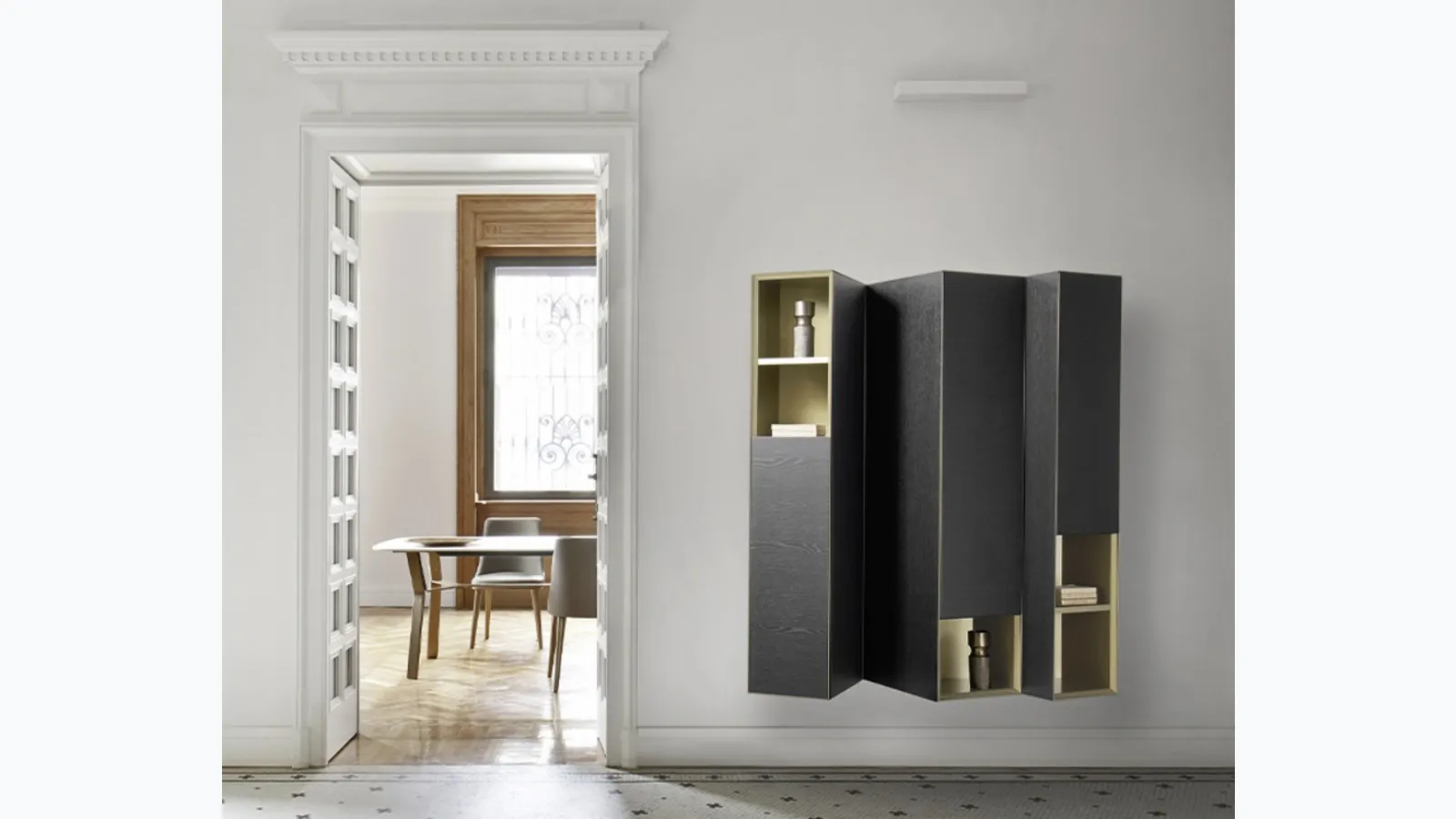 Suspended mobile Domino Clino in Oak by Sangiacomo.