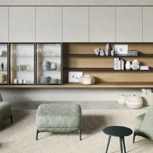 Suspended mobile shelves and wall units by Novamobili.