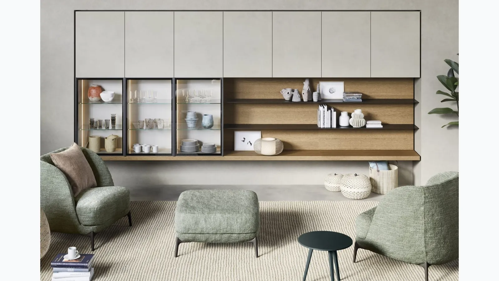 Suspended mobile shelves and wall units by Novamobili.