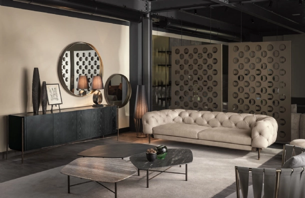 Atenae linear quilted leather sofa by Cantori.