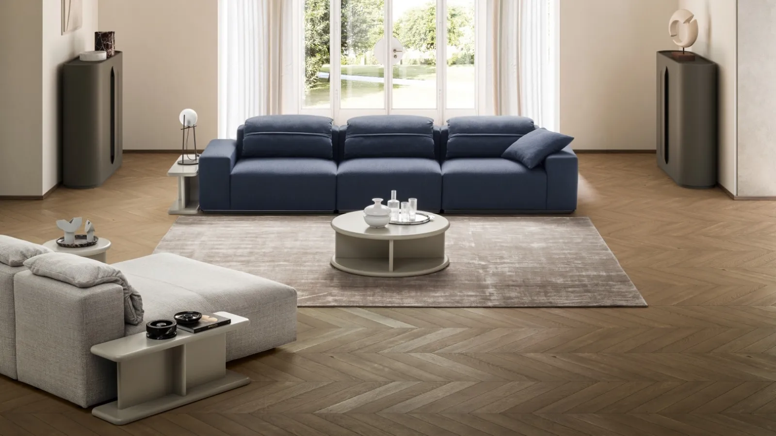 Linear sofa upholstered in Crossline fabric by Ditre Italia.