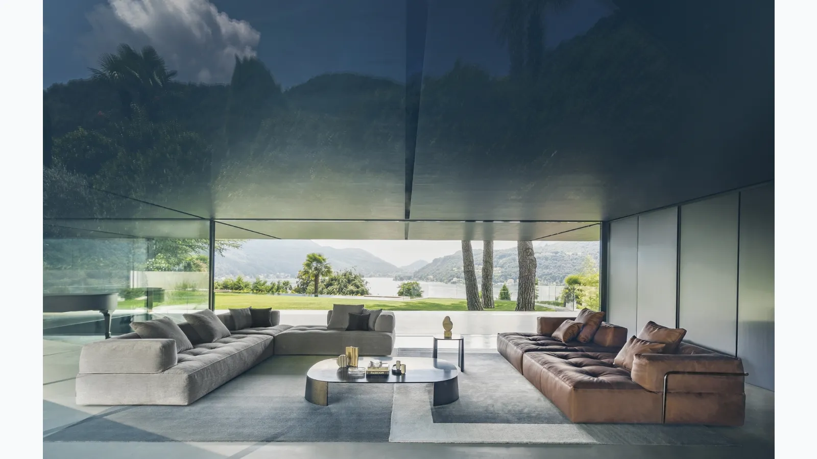 Corner sofa in fabric and linear in Melvil leather by Desirèe.