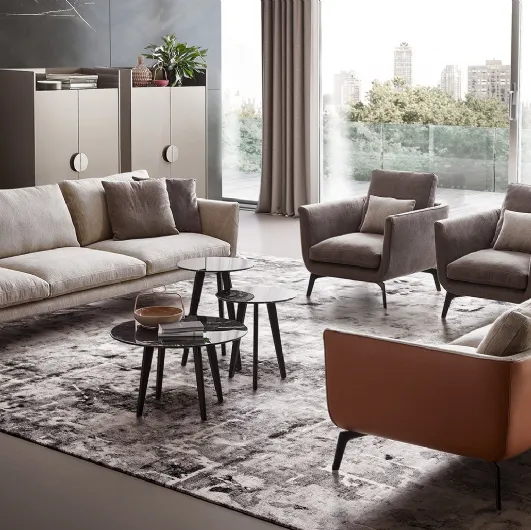 Linear Skyline sofa in upholstered fabric with leather backrest by Dema