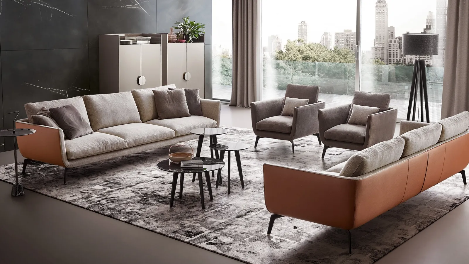 Linear Skyline sofa in upholstered fabric with leather backrest by Dema