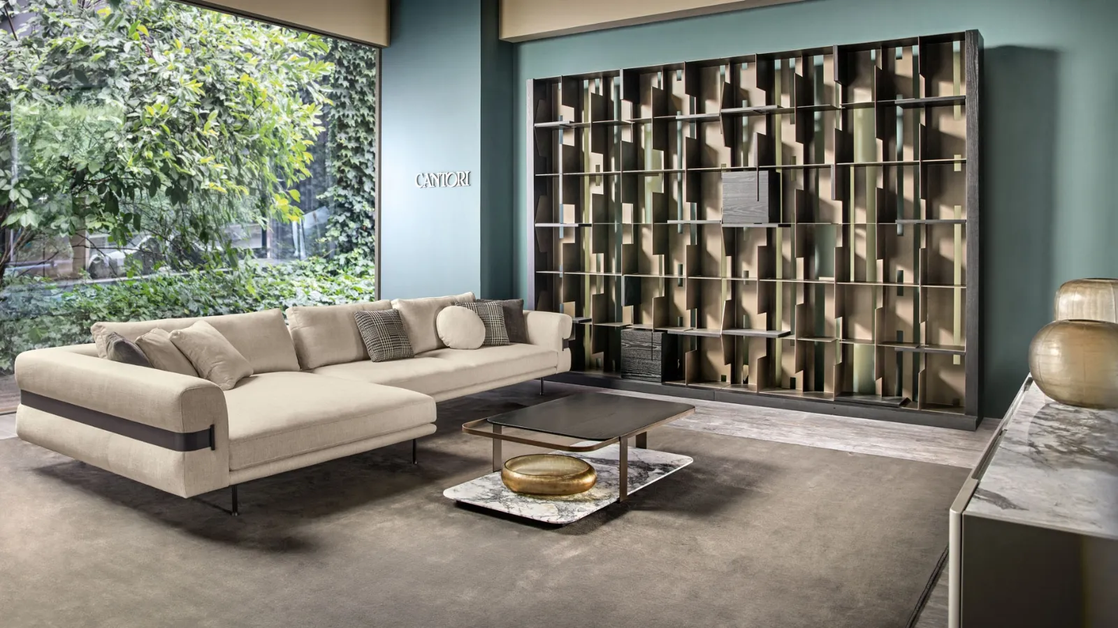 Fabric sofa with Valley peninsula by Cantori.