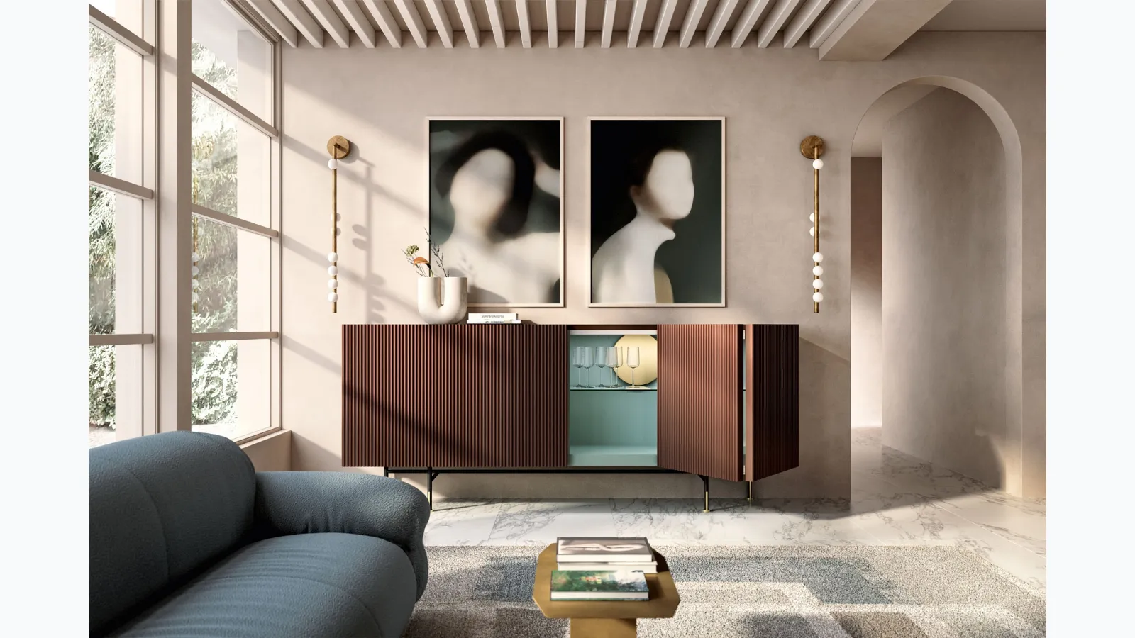 Aero sideboard in matte lacquered finish Velvet with Capo d'Opera book opening doors.