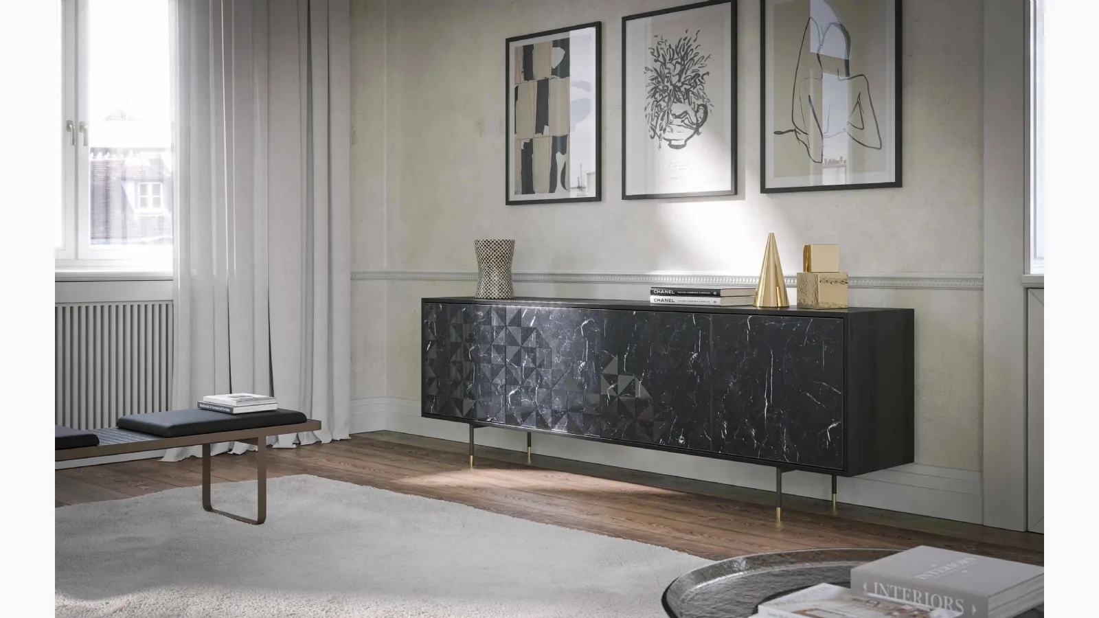 Apogeo ash wood and marble sideboard by Tonin Casa.