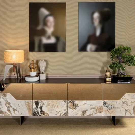 Canova black lacquered wooden sideboard with doors covered in bronze glass and porcelain stoneware by Tonin Casa