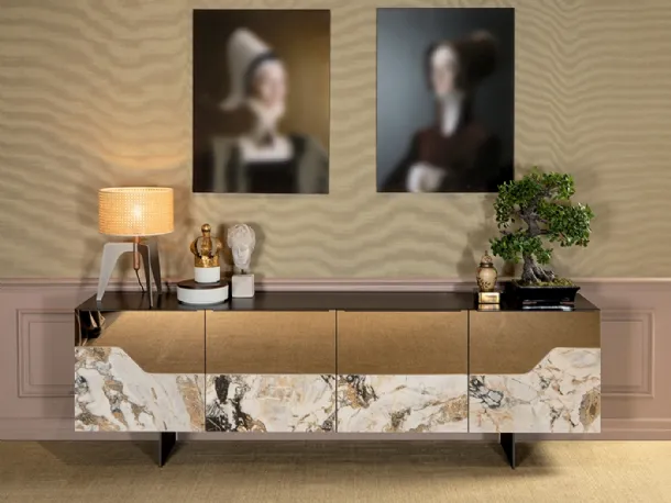 Canova black lacquered wooden sideboard with doors covered in bronze glass and porcelain stoneware by Tonin Casa