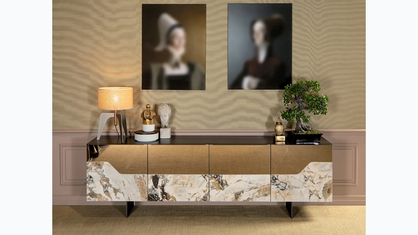Canova black lacquered wooden sideboard with doors covered in bronze glass and porcelain stoneware by Tonin Casa
