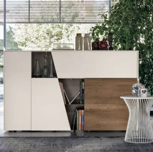 Vertical diagonal sideboard in white matte plaster and dark knotty textured finish by Tomasella.