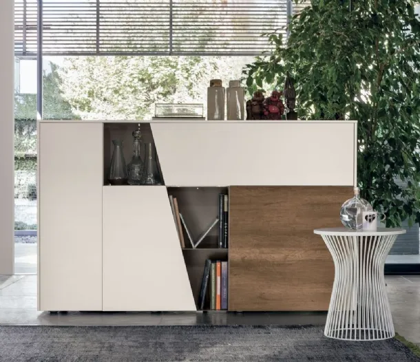 Vertical diagonal sideboard in white matte plaster and dark knotty textured finish by Tomasella.