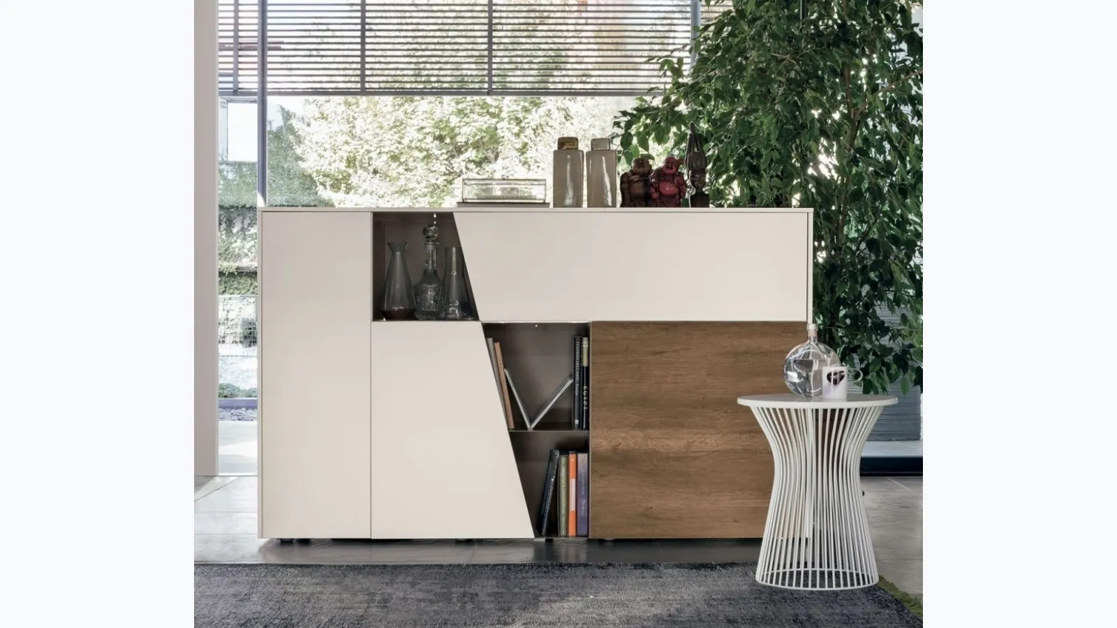 Vertical diagonal sideboard in white matte plaster and dark knotty textured finish by Tomasella.