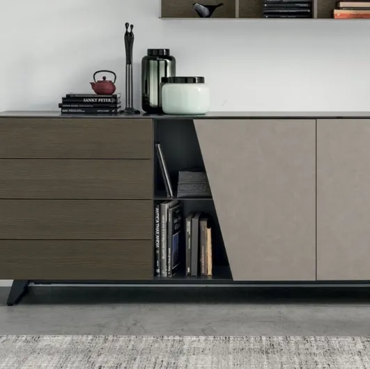 Diagonal media cabinet in moka oak and cement gray texture by Tomasella.