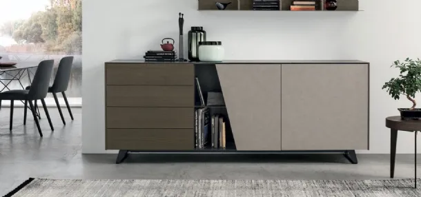 Diagonal media cabinet in moka oak and cement gray texture by Tomasella.