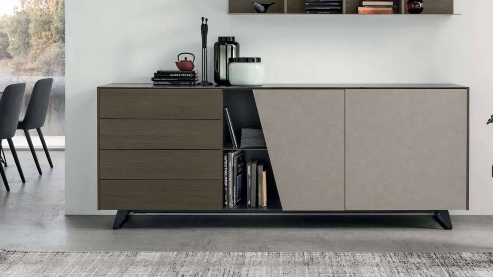 Diagonal media cabinet in moka oak and cement gray texture by Tomasella.