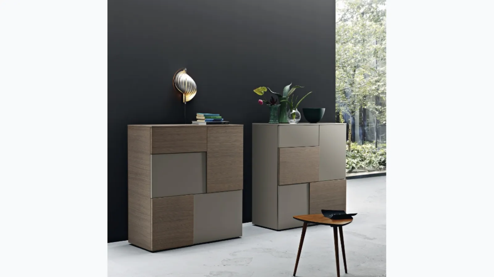 Madia Incontro 40 and 41 in Clay Oak and Slate lacquered by Sangiacomo.