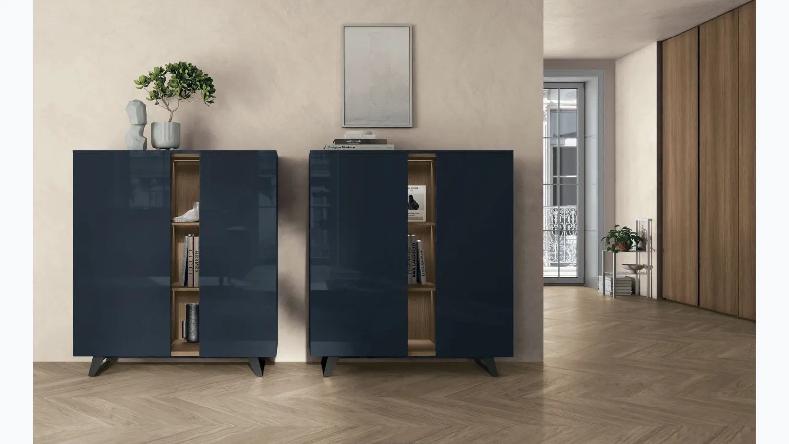 Vertical glossy Prussian blue Lydia sideboard by Tomasella.
