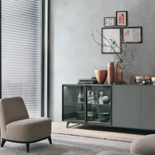 Metropolis A02 sideboard in basalt material and glass by Tomasella