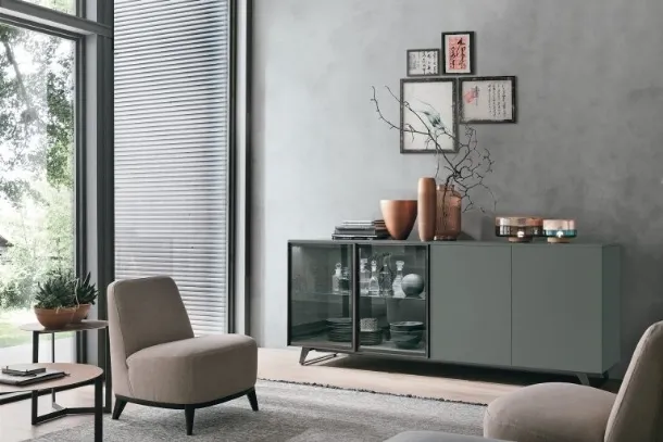 Metropolis A02 sideboard in basalt material and glass by Tomasella