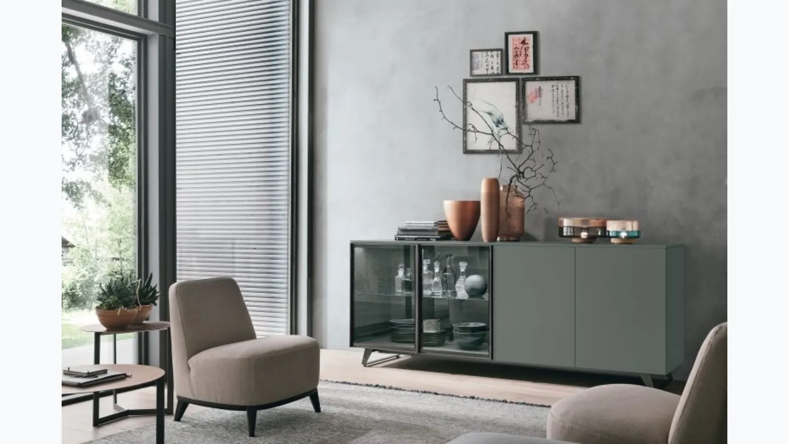 Metropolis A02 sideboard in basalt material and glass by Tomasella