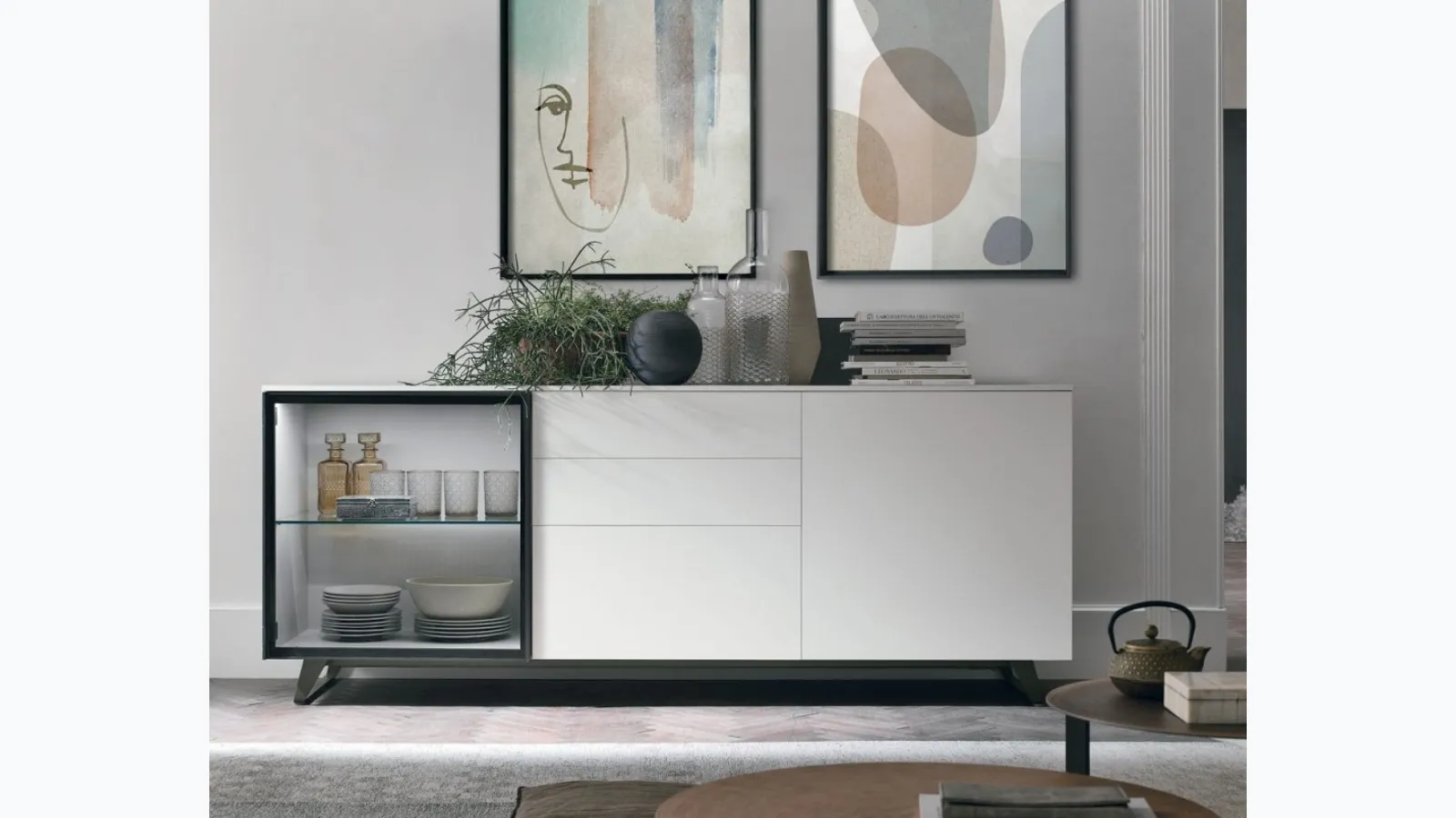 Metropolis A03 sideboard in matte chalk white lacquer by Tomasella.