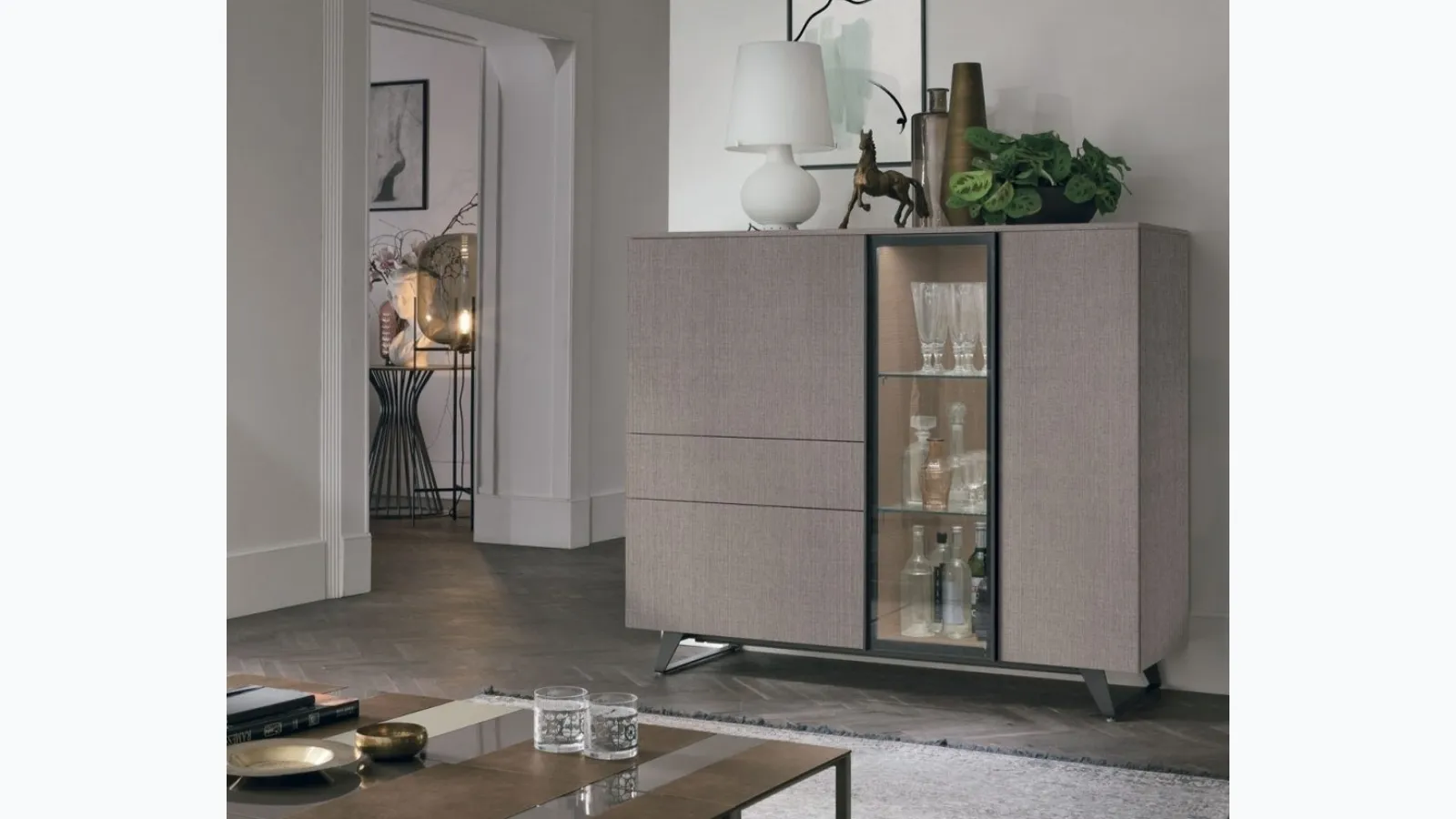 Vertical sideboard Metropolis C01 in sand oak material by Tomasella.
