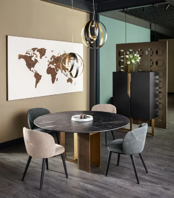 Tall lacquered wooden sideboard with metal base intersecting in the structure of Cantori's Mirage Cabinet.